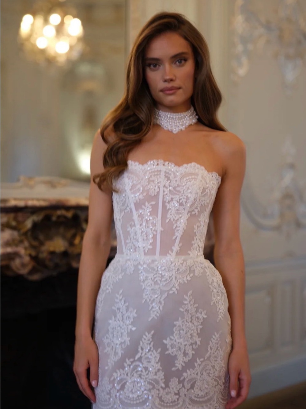 Strapless White Lace Bridal Gown with Beaded Choker Accent